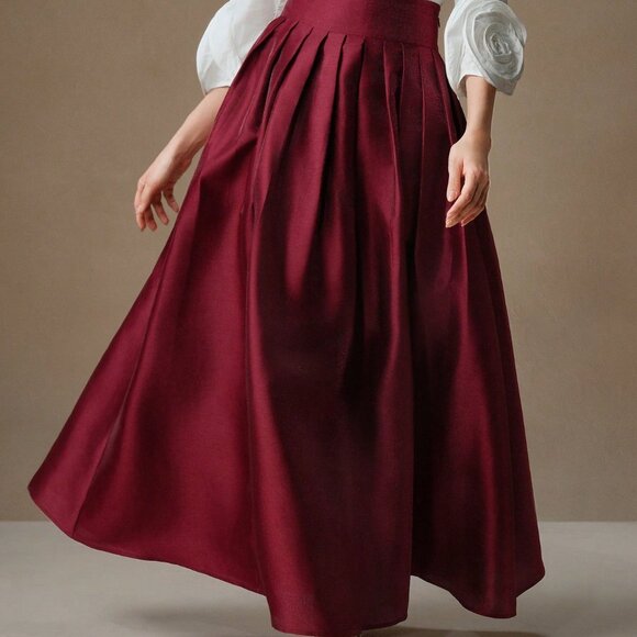 Burgundy Elegant Women's High Waisted Puff Princess Style Skirt Maxi - Picture 4 of 7